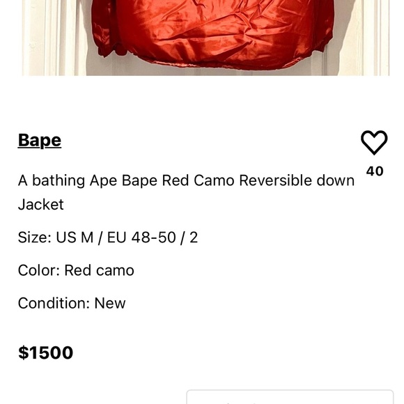 Bape Bathing Ape red Camo reversible puffer jacket size S - Picture 12 of 12